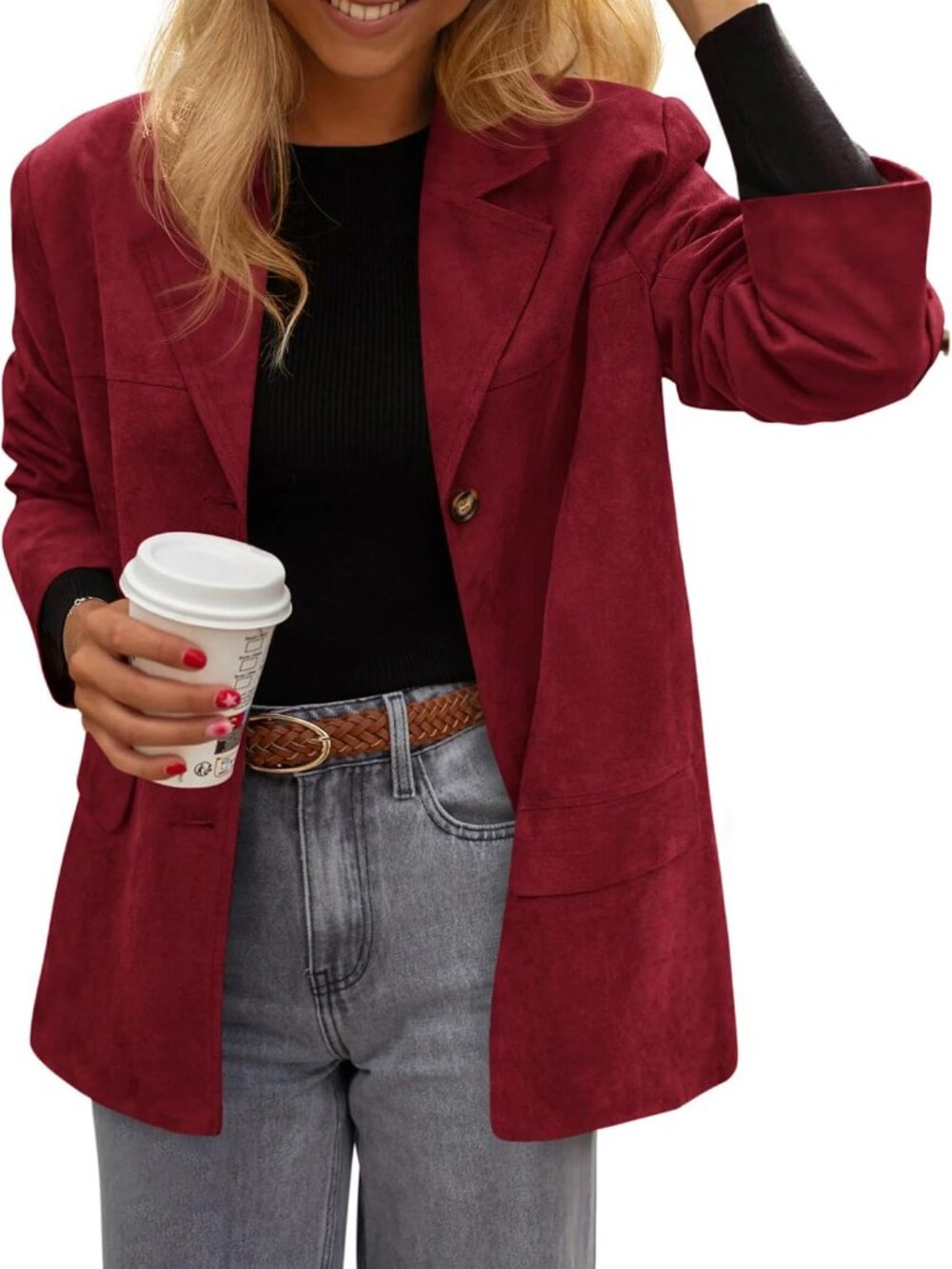 Women's Burgundy Faux Suede Western Blazer Jacket Oversized Casual Office Work